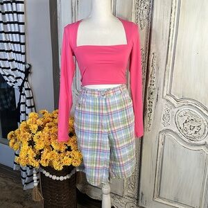 Curated, Two Piece Bundle Madre Plaid Bermuda Shorts with Pink Long Sleeve Top